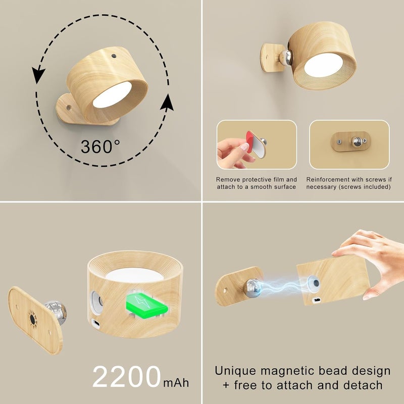 Koopala 3PACK Rechargeable LED Wall Sconce, Cordless Battery with Remote Powered Wall Sconce, 3 Brightness Levels, 360° Swivel Magnetic Shade for Reading Bedside, Wood Grain Color. - Image 4